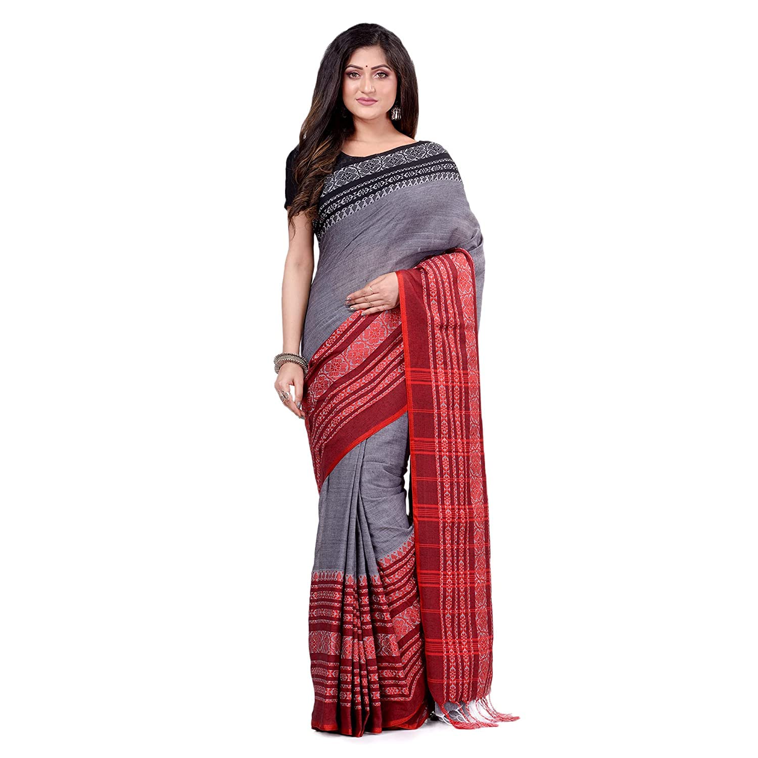 Ali Sarees Women's Traditional Bengal Handloom Cotton Begampuri Saree, (AS_Grey_065)