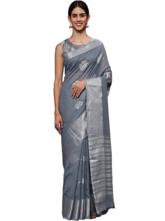 Leeza Store Women's Tissue Silk Silver Zari Floral Motifs Saree With Blouse Piece